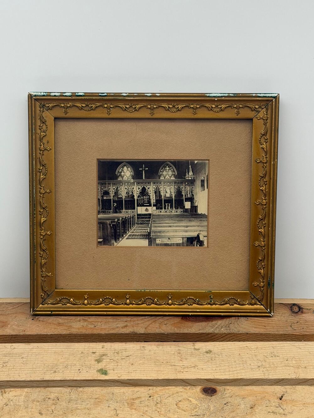 Antique Framed Black & White Church Interior Photo in Ornate Gold Frame - 9”x8”